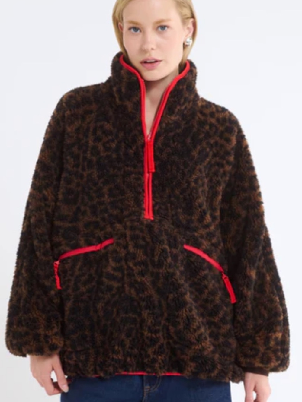 Rumored Leopard-Print Teddy Jacket with Red Trim